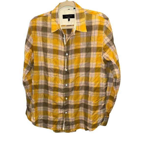 rag & bone mustard yellow gray tartan plaid cotton button down shirt S - Picture 1 of 4